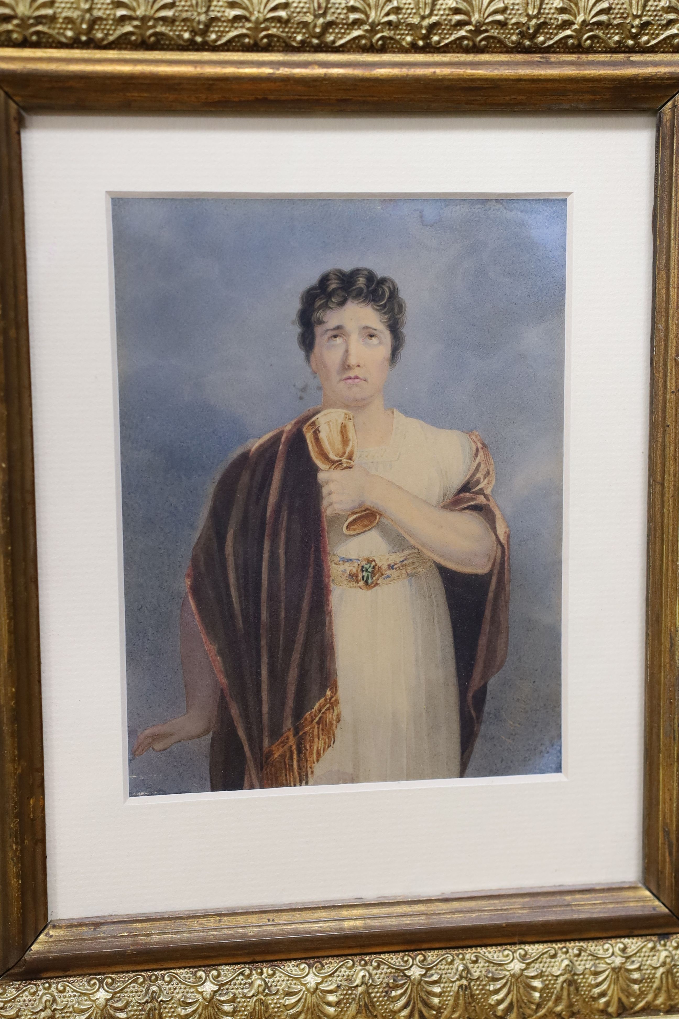 John Kennedy, early 19th century watercolour of John Philip Kemble as Brutus, 16 x 12cm, together with three contemporary play bills